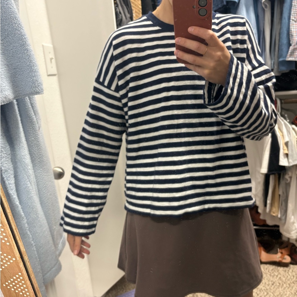 Madewell easy crew neck long sleeve in Navy and White Striped